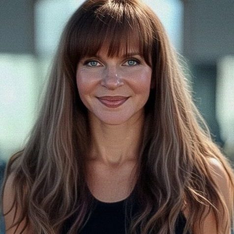 Frau mit langen, braunen Haaren und blauem Schmuck, lächelnd vor buntem Hintergrund.